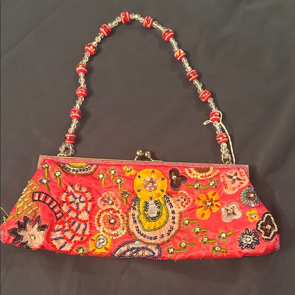 Embroidered Red Floral Clutch Handbag with Beaded Strap